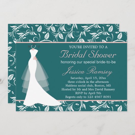 白いウェディングドレス、ティール（緑がかった色）のブライダルシャワーの招待状 招待状 (正面/裏面)
