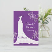 白いウェディングドレス、紫の背景に渦巻き模様のブライダルシャワー 招待状 (スタンド正面)