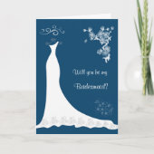 白いウェディングドレス、青い背景に花のブーケの花嫁 招待状 (正面)