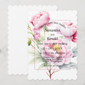 白いウェディング背景のきれいなピンクの牡丹 招待状 (正面/裏面)