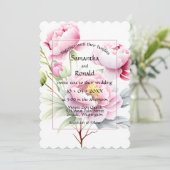 白いウェディング背景のきれいなピンクの牡丹 招待状 (スタンド正面)
