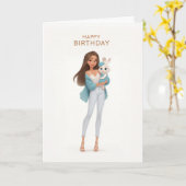 白いウサギの誕生日をお祝いする青いレースのカーディガンを着た女の子 カード (黄色い花)