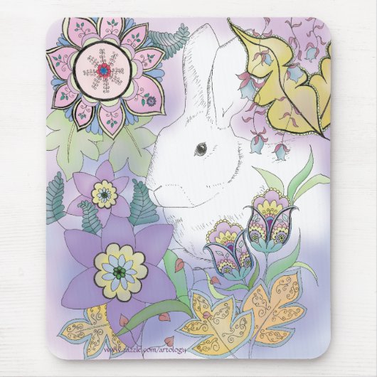 白いウサギ、すみれ色の庭のmousepad マウスパッド (正面)