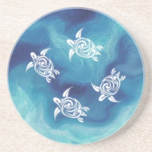白いウミガメ青い海水彩沿岸 コースター (正面)
