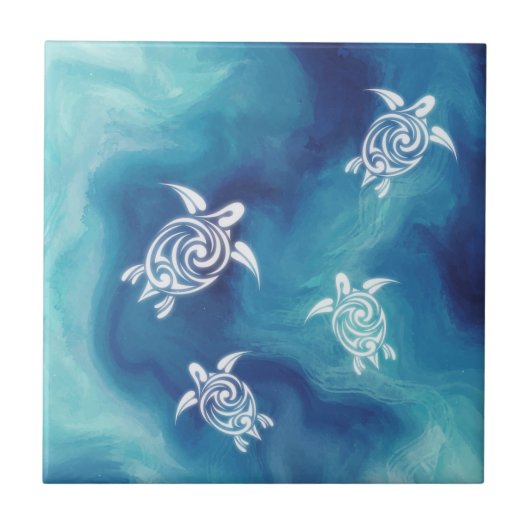 白いウミガメ青い海水彩沿岸 タイル (正面)