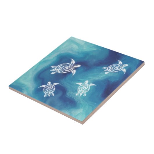 白いウミガメ青い海水彩沿岸 タイル (側面)