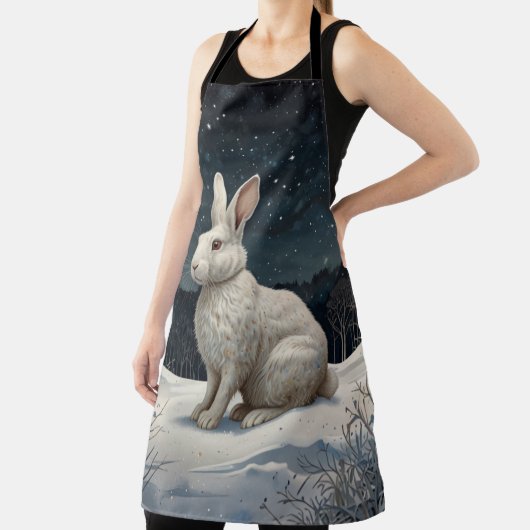 白いエレガントうさぎクリスマスの雪の森 エプロン (インサイチュ)