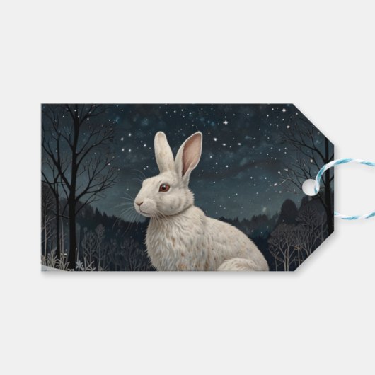 白いエレガントうさぎクリスマスの雪の森 ギフトタグ (正面(横))