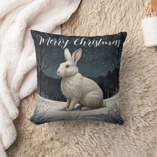 白いエレガントうさぎクリスマスの雪の森 クッション (ブランケット)