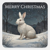 白いエレガントうさぎクリスマスの雪の森 スクエアシール (正面)