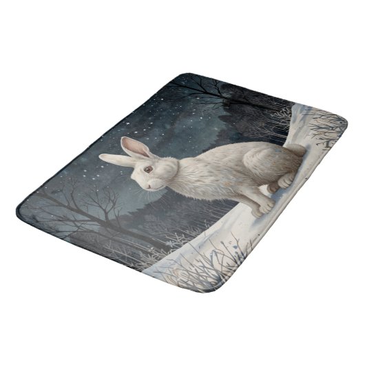 白いエレガントうさぎクリスマスの雪の森 バスマット (アングル)