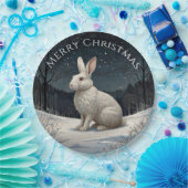 白いエレガントうさぎクリスマスの雪の森 ペーパープレート (パーティー)