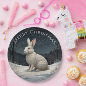 白いエレガントうさぎクリスマスの雪の森 ペーパープレート (パーティー)