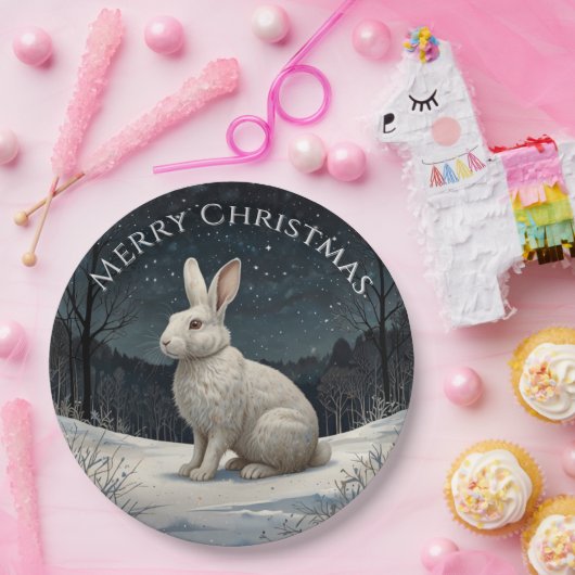 白いエレガントうさぎクリスマスの雪の森 ペーパープレート (パーティー)