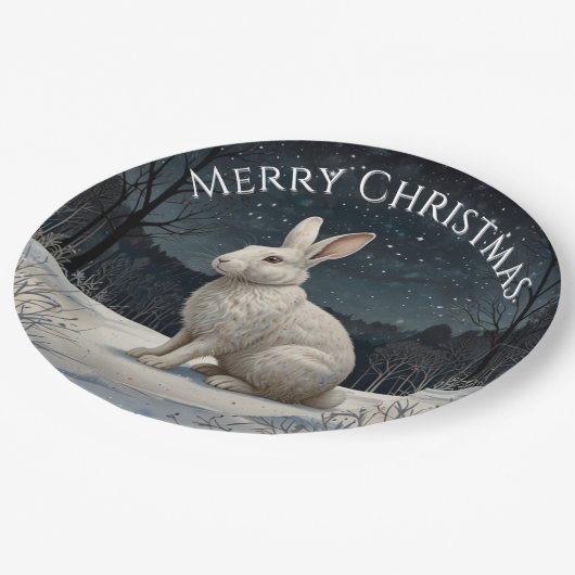 白いエレガントうさぎクリスマスの雪の森 ペーパープレート (アングル)