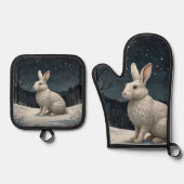 白いエレガントうさぎクリスマスの雪の森 鍋つかみ&鍋敷きセット (正面)