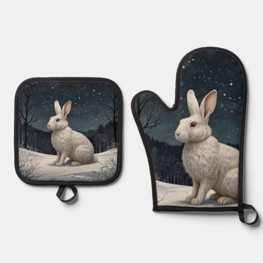 白いエレガントうさぎクリスマスの雪の森 鍋つかみ&鍋敷きセット (正面)