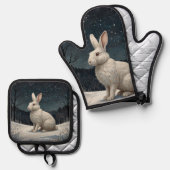 白いエレガントうさぎクリスマスの雪の森 鍋つかみ&鍋敷きセット (正面/裏面)