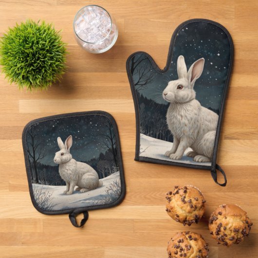 白いエレガントうさぎクリスマスの雪の森 鍋つかみ&鍋敷きセット (トップダウン)