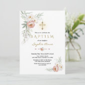 白いエレガントほこりっぽいバラの花のクロス洗礼 招待状 (スタンド正面)