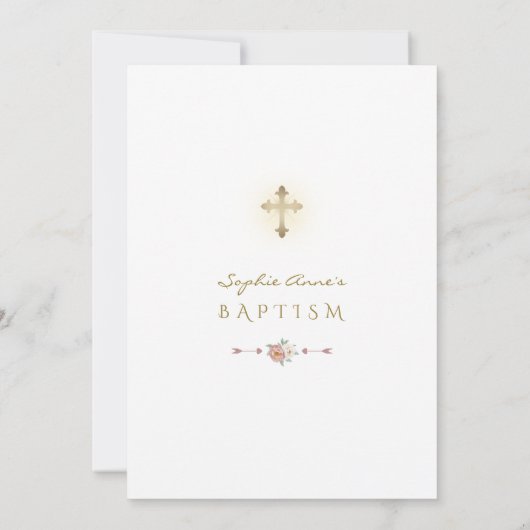 白いエレガントほこりっぽいバラの花のクロス洗礼 招待状 (裏面)