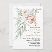 白いエレガントほこりっぽいバラフラワーブーケバプテスマ 招待状 (正面)