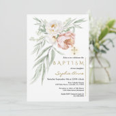 白いエレガントほこりっぽいバラフラワーブーケバプテスマ 招待状 (スタンド正面)