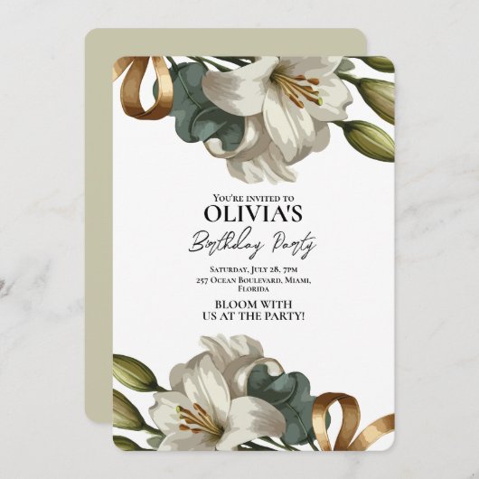 白いエレガントゆりフローラ誕生日の招待状 招待状 (正面/裏面)