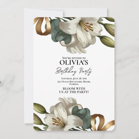白いエレガントゆりフローラ誕生日の招待状 招待状 (正面)