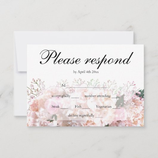 白いエレガントアジサイのピンクのバラRSVP 出欠カード (正面)