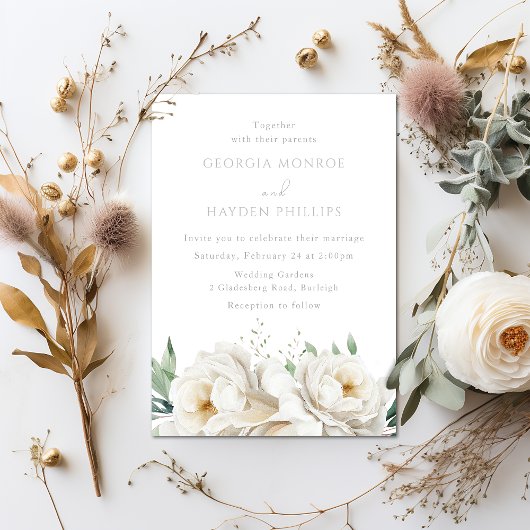 白いエレガントウエディングフラワーズ結婚式招待状 招待状