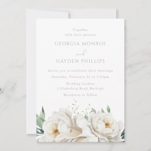白いエレガントウエディングフラワーズ結婚式招待状 招待状 (正面)