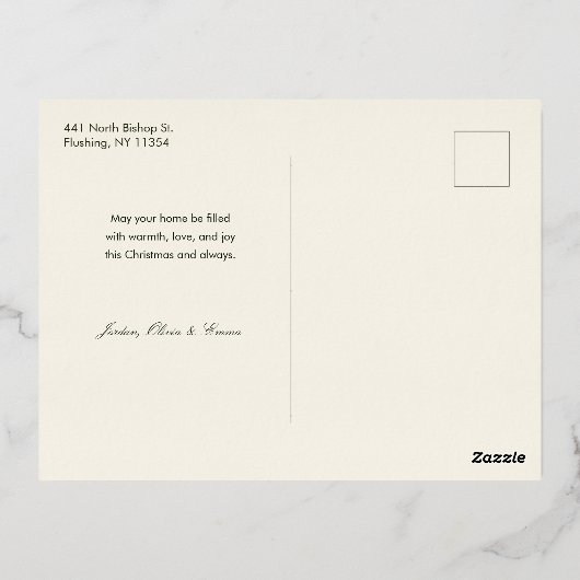 白いエレガントクリスマスの花の書道写真 箔シーズンポストカード (裏面)