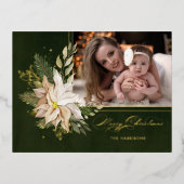 白いエレガントクリスマスの花の書道写真 箔シーズンポストカード (正面)