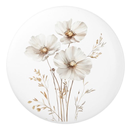 白いエレガントコスモスの花の田舎の農家 セラミックノブ (正面)