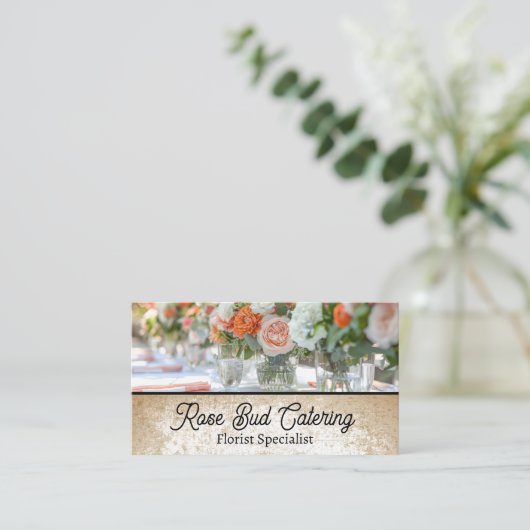 白いエレガントテーブルクロスのフローラセンターピース 名刺 (スタンド正面)