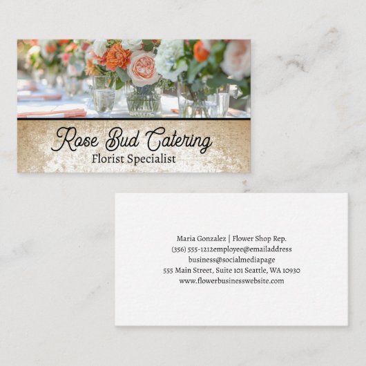 白いエレガントテーブルクロスのフローラセンターピース 名刺 (正面/裏面)