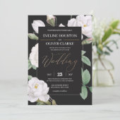 白いエレガントバラと黒い背景フローラ 招待状 (スタンド正面)
