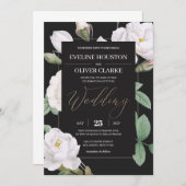 白いエレガントバラと黒い背景フローラ 招待状 (正面/裏面)