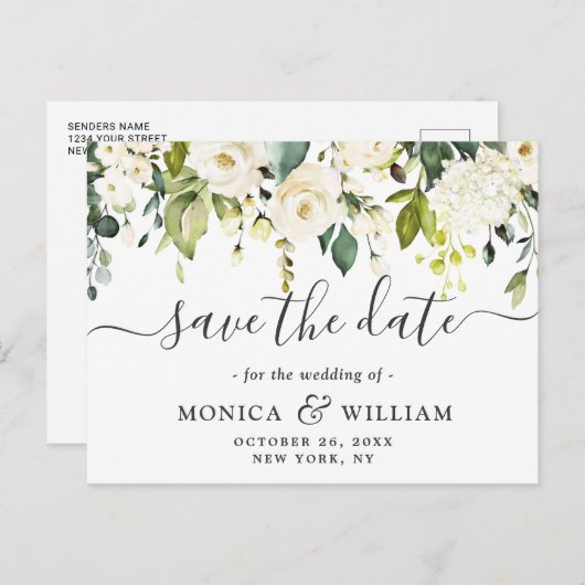 白いエレガントバラの花の結婚式の日付を保存 ポストカード (正面/裏面)