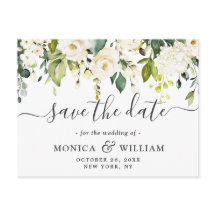 白いエレガントバラの花の結婚式の日付を保存