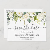 白いエレガントバラの花の結婚式の日付を保存 案内ポストカード (正面/裏面)