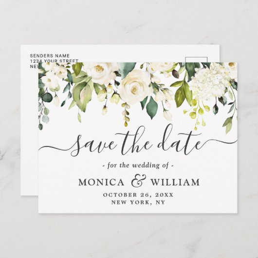 白いエレガントバラの花の結婚式の日付を保存 案内ポストカード (正面/裏面)