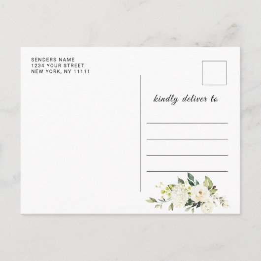 白いエレガントバラの花の結婚式の日付を保存 案内ポストカード (裏面)