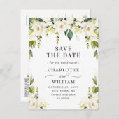 白いエレガントバラの花の結婚式の日付を保存 案内ポストカード (正面/裏面)