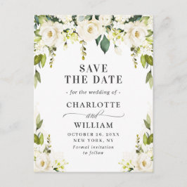 白いエレガントバラの花の結婚式の日付を保存 案内ポストカード