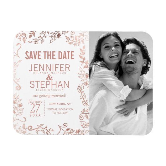 白いエレガントバラの金ゴールドフローラ日付の保存 マグネット (横)