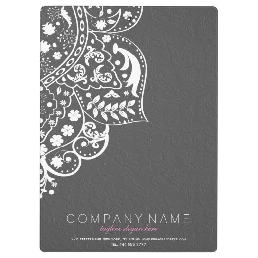 白いエレガントフローラレースのグレーのダマスク クリップボード (裏面)