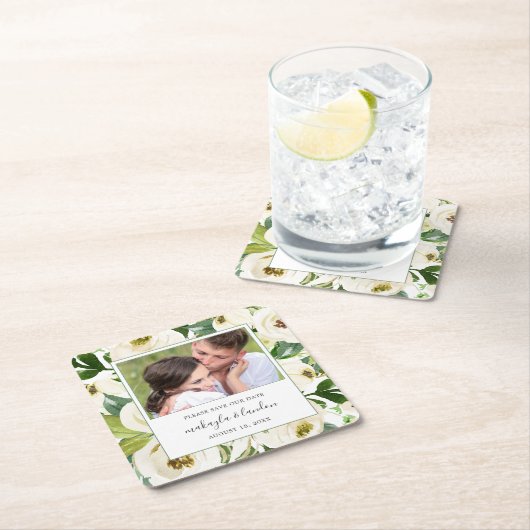 白いエレガントフローラ写真の保存日付 スクエアペーパーコースター (インサイチュ)