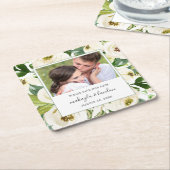 白いエレガントフローラ写真の保存日付 スクエアペーパーコースター (アングル)